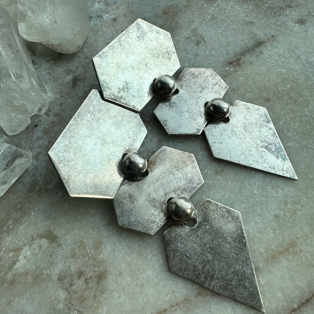 Vintage Silver Geometric Modernist Statement Drop Earrings - Picture 4 of 6